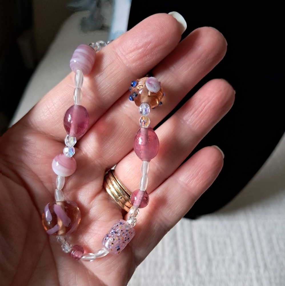 Vintage Pink Cupcake Italian Murano Art Glass Sterling Silver Beaded Bracelet